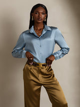 [Grayish Blue] SilkSilky-AU Long Sleeve Lapel Collar Women's Shirt 003