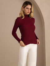 [Wine] SilkSilky-AU Long Sleeve Turtle Neck Women's T-Shirt 003