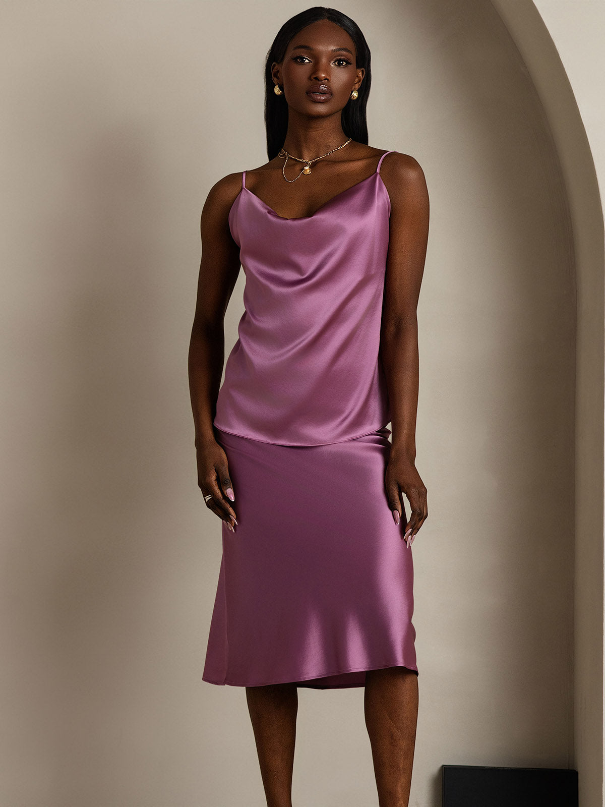 [Deep Purple] SilkSilky-AU 19Momme Silk Spaghetti Strap Cowl Neck Camisole 005