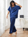 SilkSilky AU Pure Silk Short Sleeve V Neck Women's Pyjamas DarkBlue 006