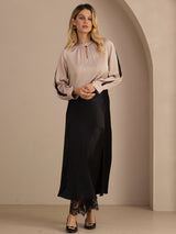 [Tan] SilkSilky-AU Long Sleeve Keyhole Neck Women's Blouse 007