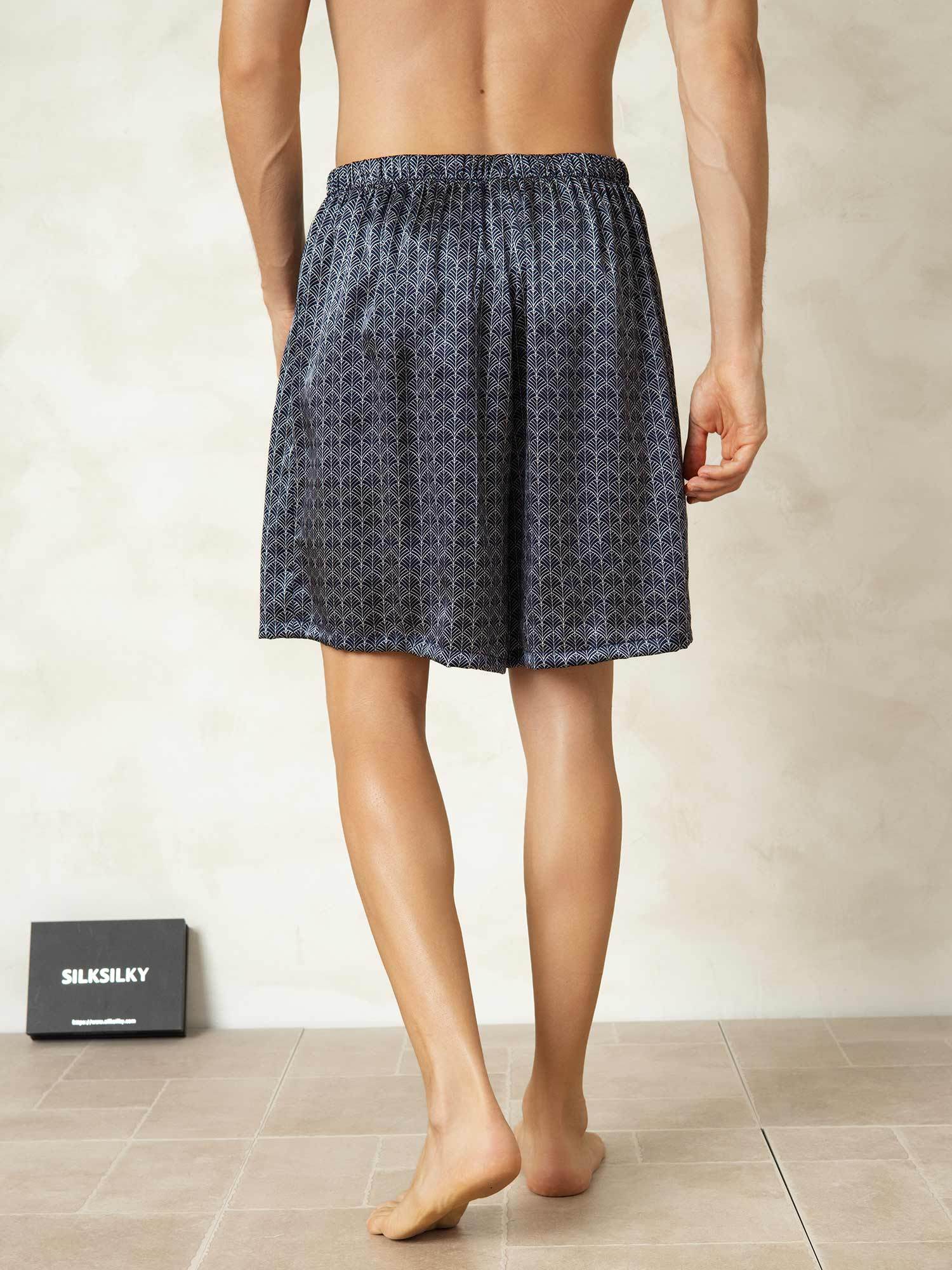 [Navy Ginkgo] SilkSilky-AU Pure Silk Mens Sleep Bottoms 002,