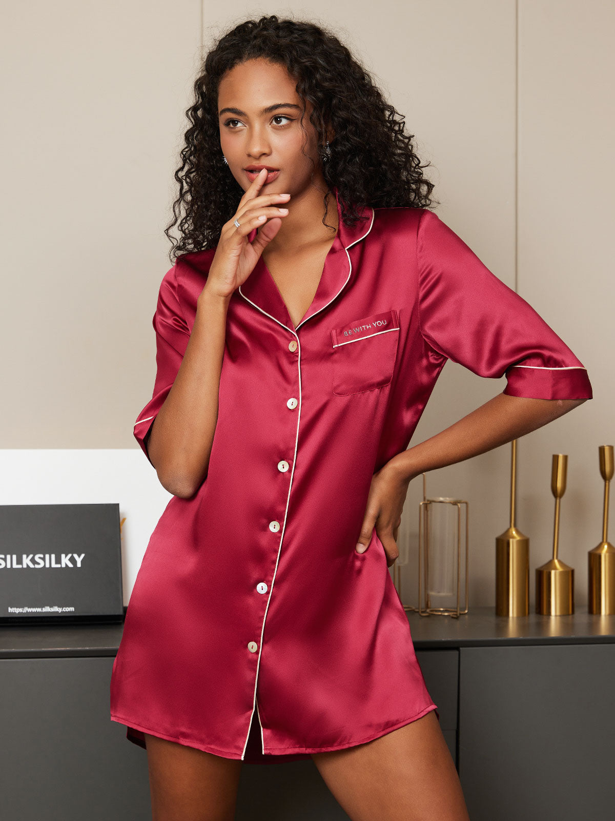 SilkSilky AU Pure Silk Half Sleeve Lapel Nightshirt Wine 001