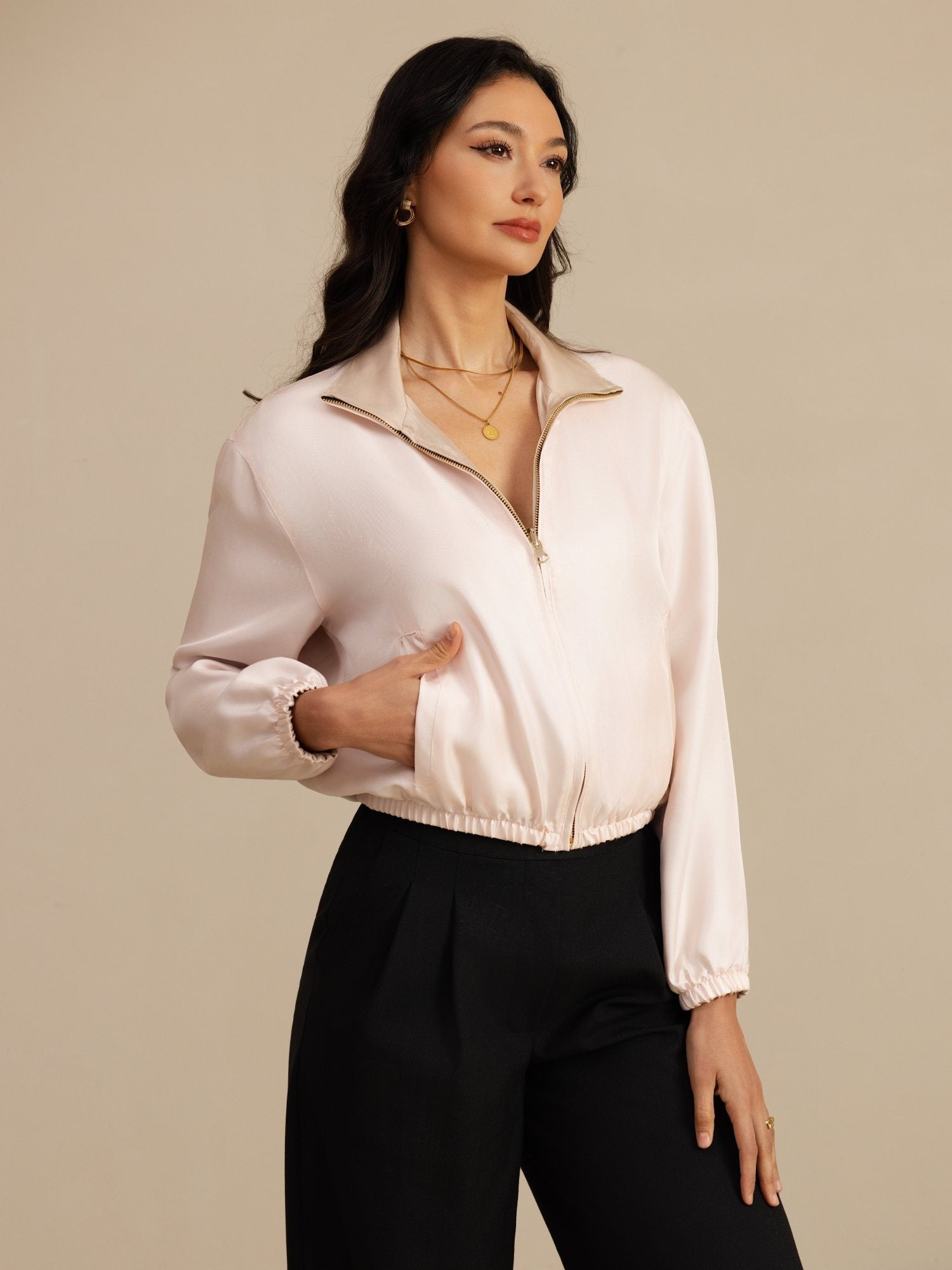 [Tan+Pink] SilkSilky-AU 18Momme Silk Satin Surah Long Sleeve Stand Collar Women's Outerwear 005