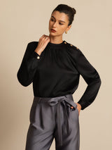 [Black] SilkSilky-AU 19Momme Stretch Silk Charmeuse Long Sleeve Round Neck Blouse 001