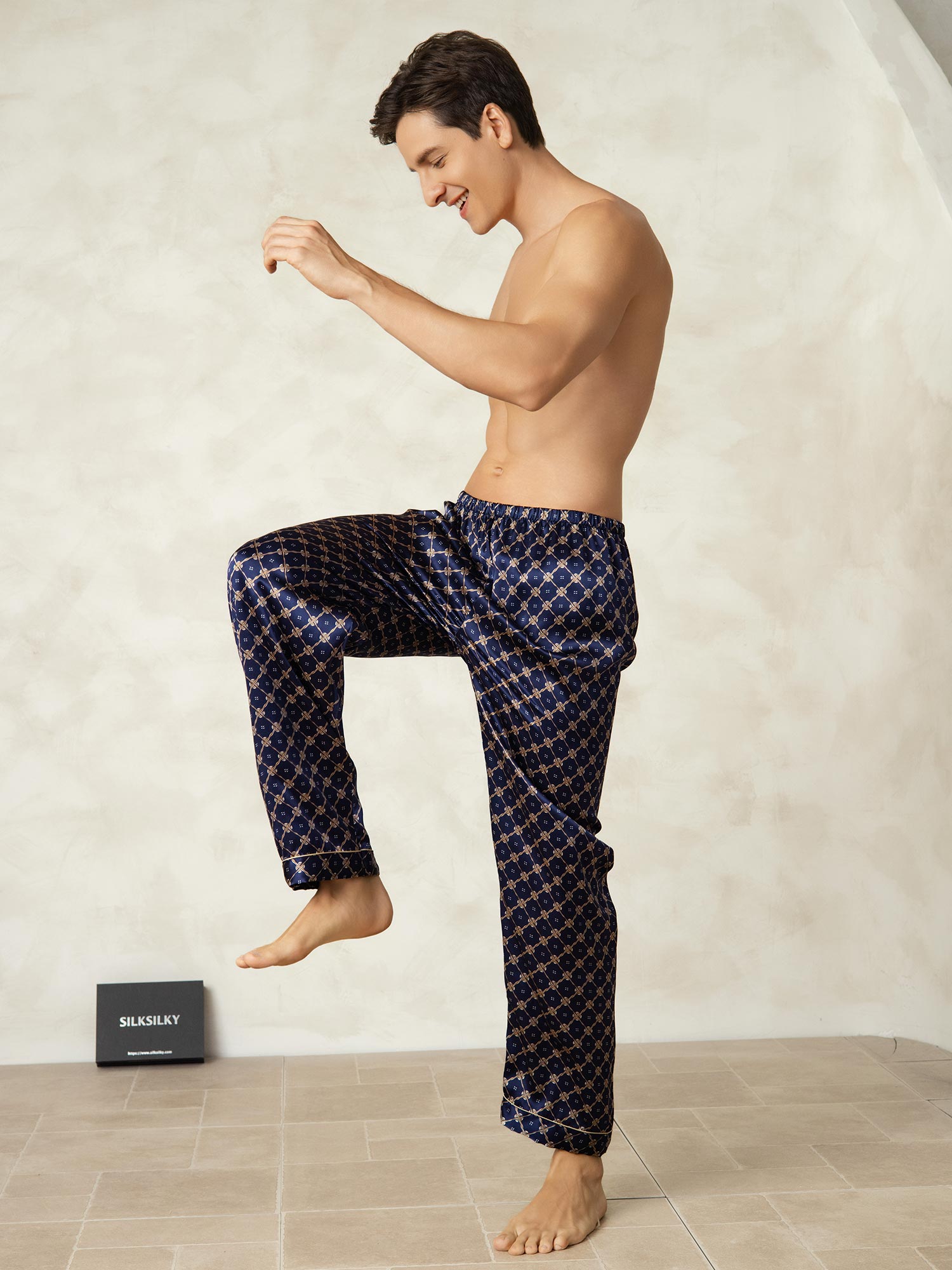 [Navy Chain] SilkSilky-AU Pure Silk Mens Sleep Bottoms 005