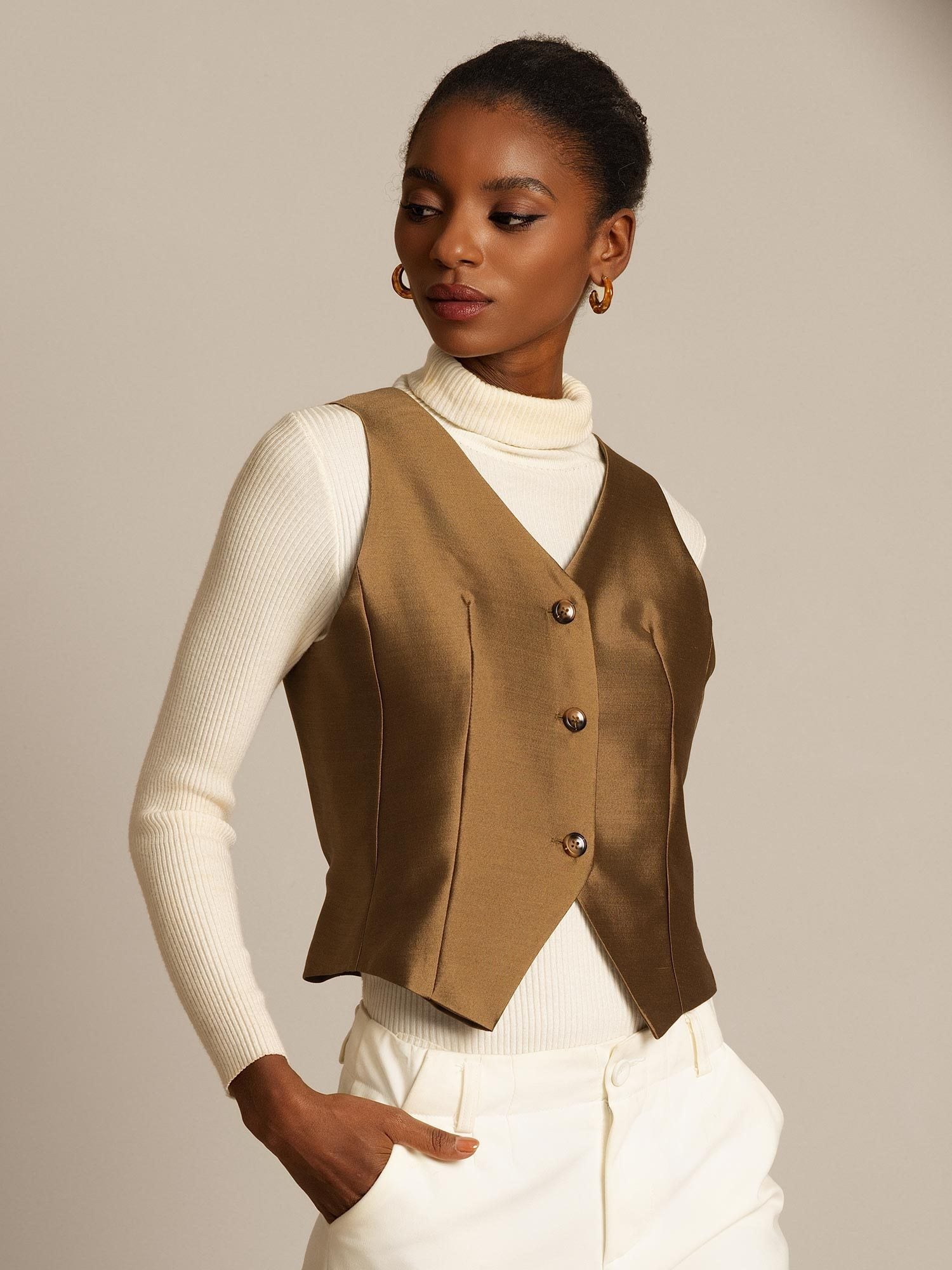 [Bronze] SilkSilky-AU 32Momme Wool V Neck Women's Vest 004,