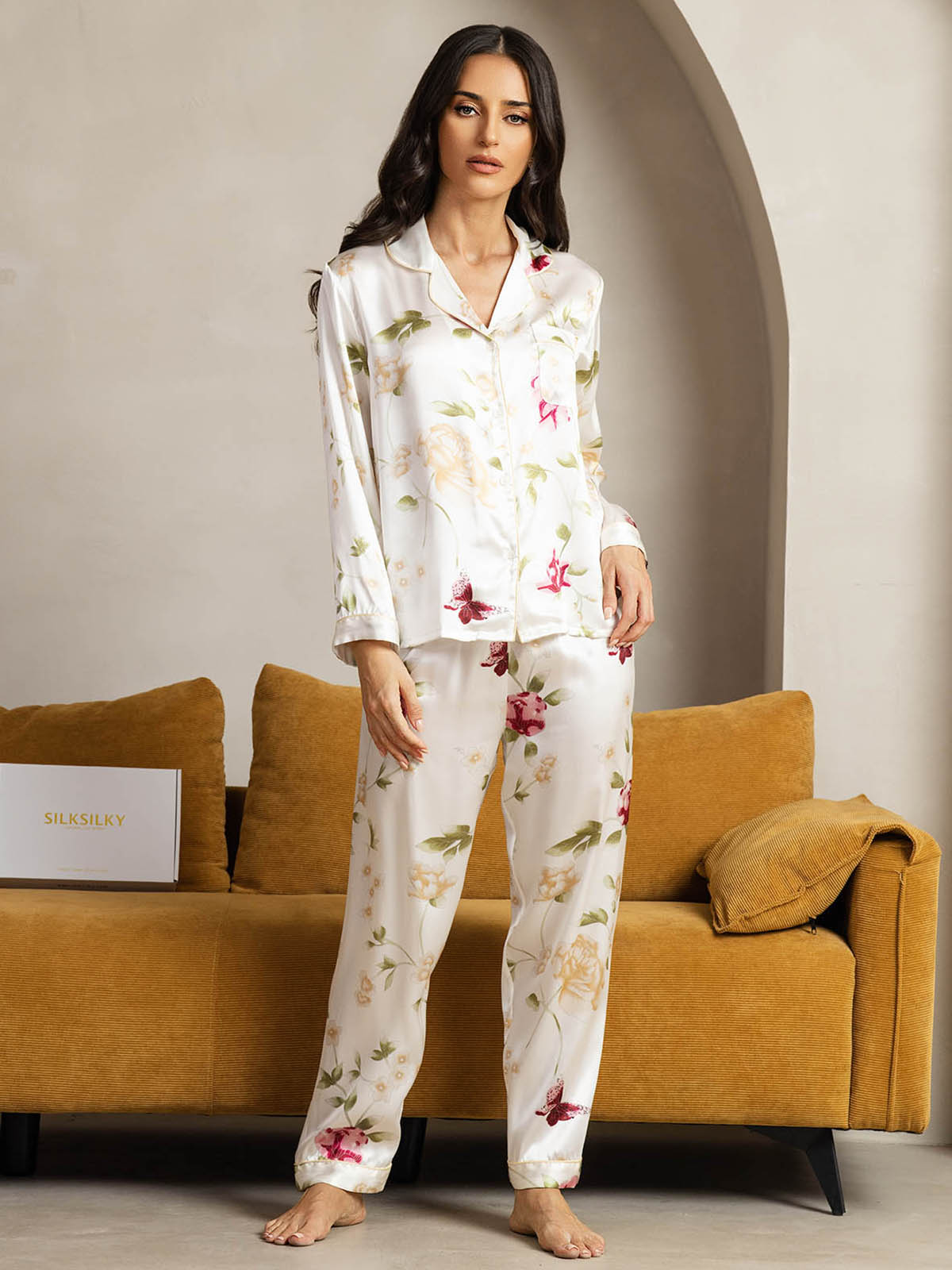 [Ivory Floral] SilkSilky-AU Pure Silk Womens Pajamas 001