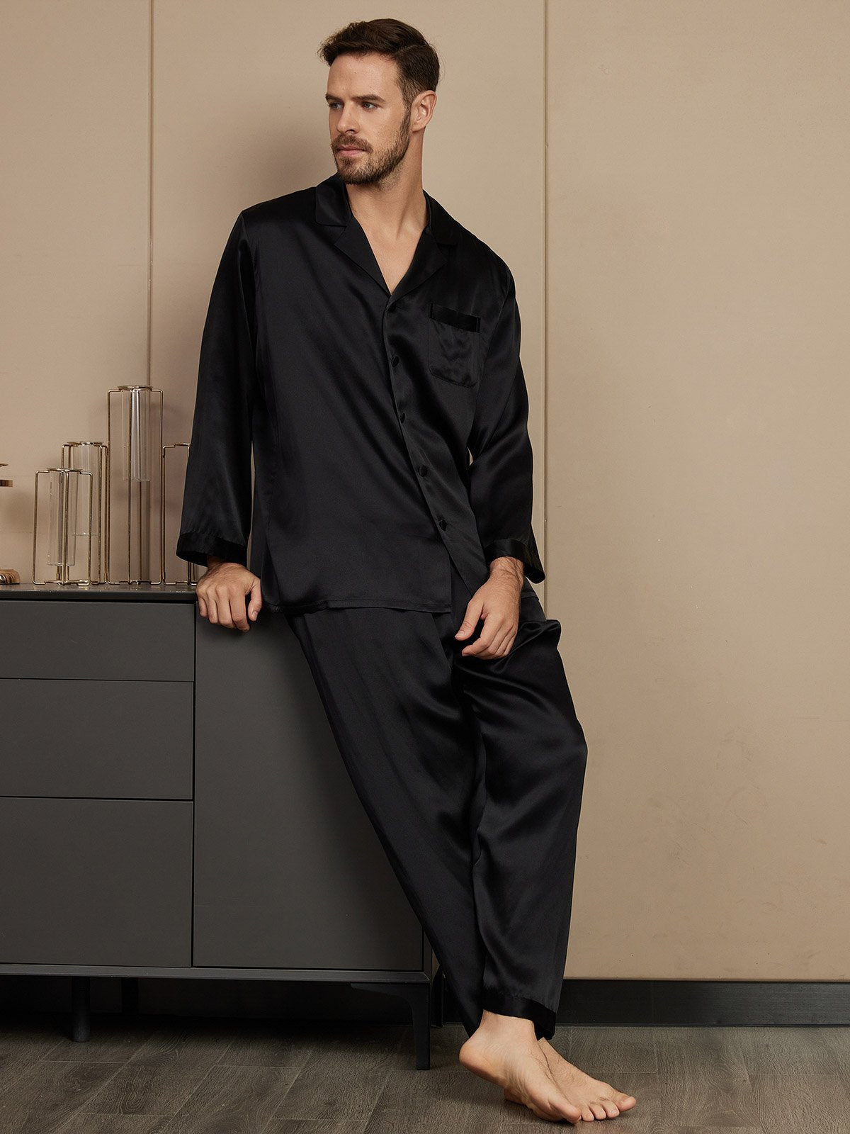 SilkSilky AU Pure Silk Long Sleeve Mens Pajamas Black 004