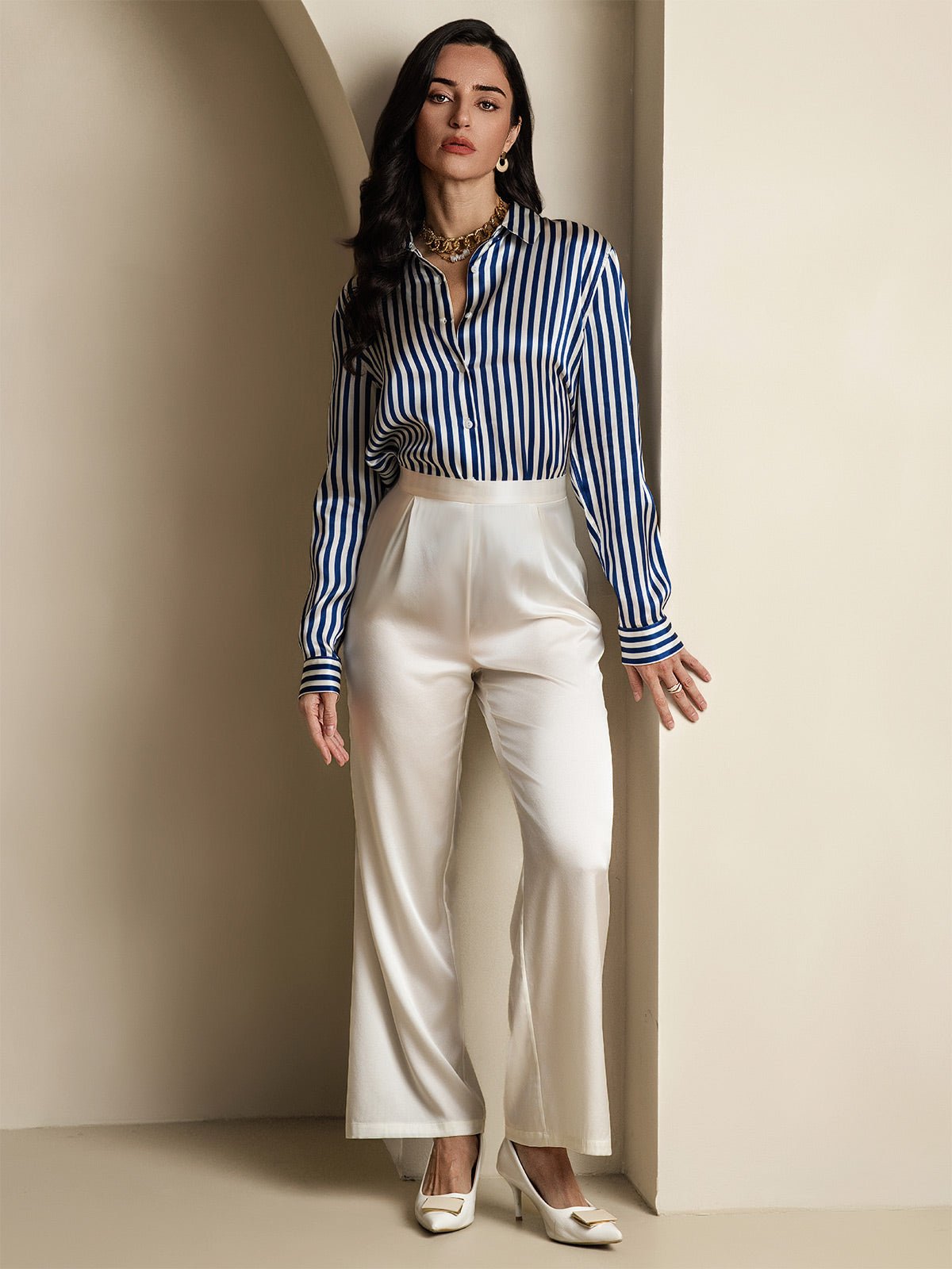 [Navy Stripe] SilkSilky-AU Silk Lapel Collar Women's Shirt 007,