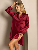 [Wine] SilkSilky-AU Long Sleeve Lapel Collar Nightshirt 004