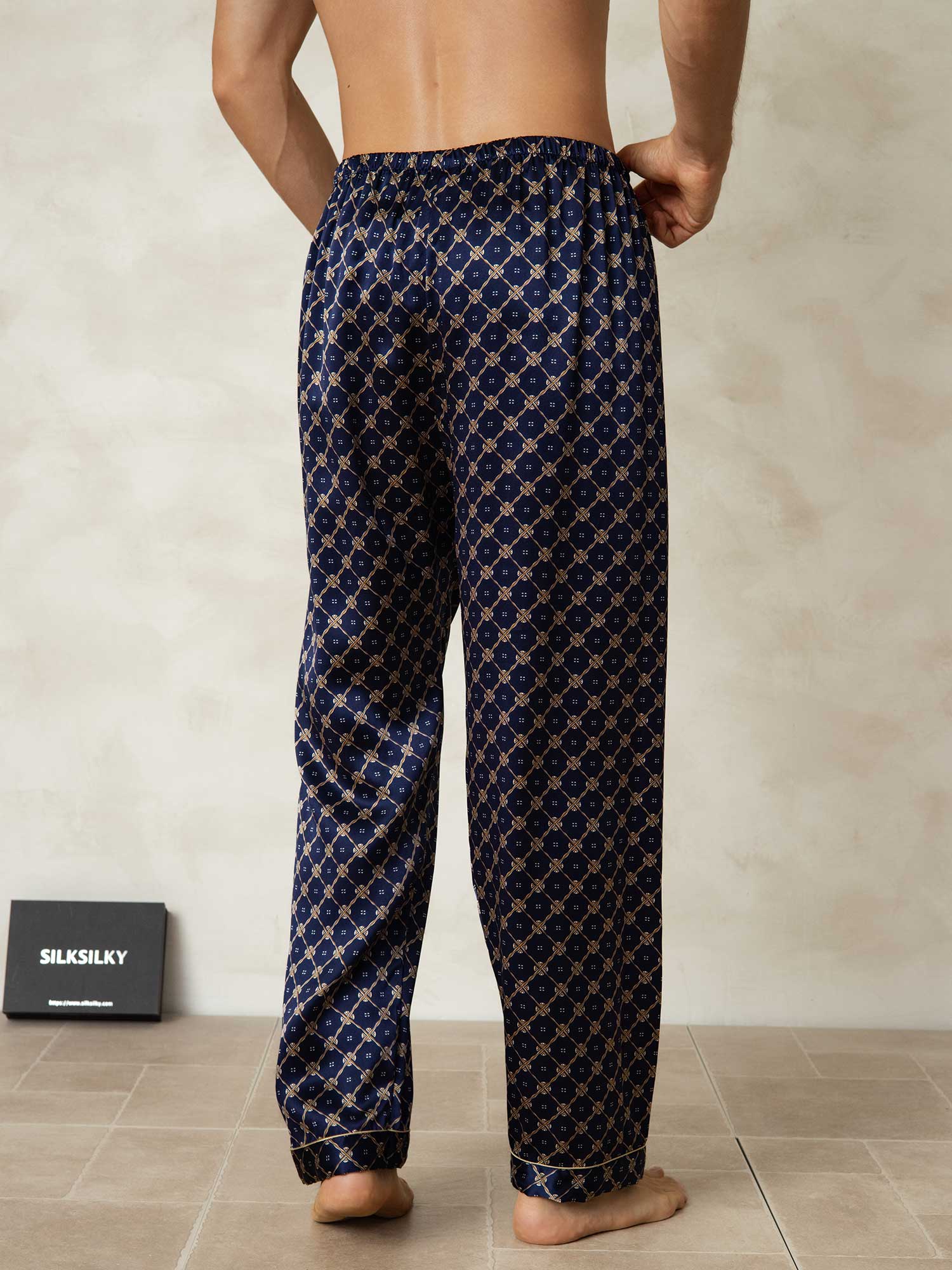 [Navy Chain] SilkSilky-AU Pure Silk Mens Sleep Bottoms 002