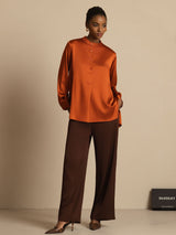 [Caramel] SilkSilky-AU 19Momme Stretch Silk Charmeuse Long Sleeve Stand Collar Blouse 006