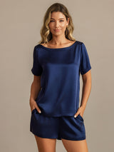 [Dark Blue] SilkSilky-AU 19Momme Machine-Washable Silk Short Sleeve Round Neck Women's Pyjamas 001