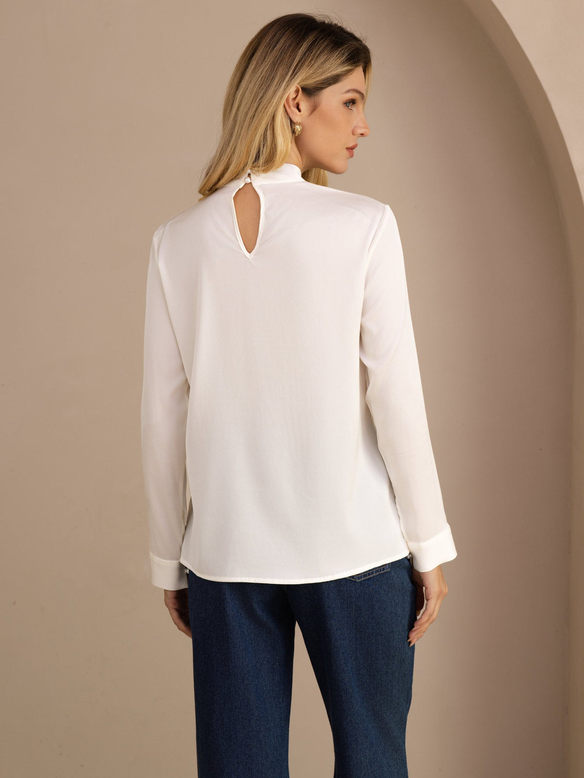 [White] SilkSilky-AU Long Sleeve Stand Collar Women's Blouse 002