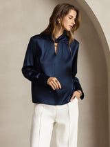 [Dark Blue] SilkSilky-AU 19Momme Silk Keyhole Neck Women's Shirt 006
