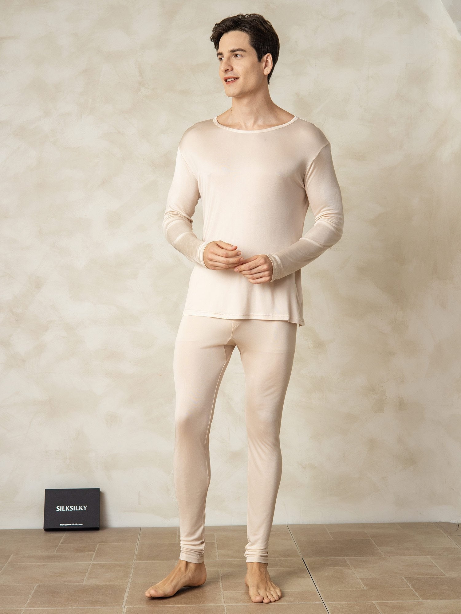[Tan] SilkSilky-AU Silk Knitted Round Neck Men's Pyjamas 001