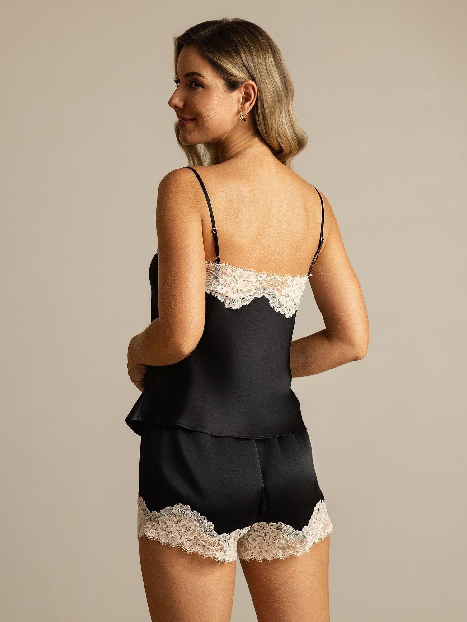 [Black] SilkSilky-AU Pure Silk Asymmetric Camisole Set 002