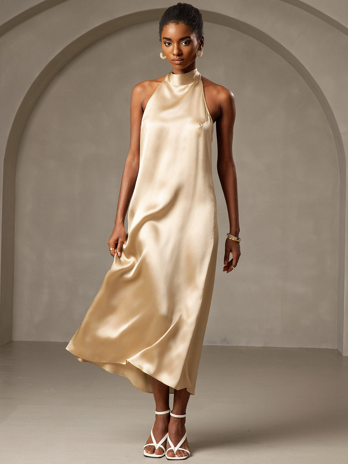 SilkSilky AU 19Momme Silk Sleeveless Dress Champagne 006