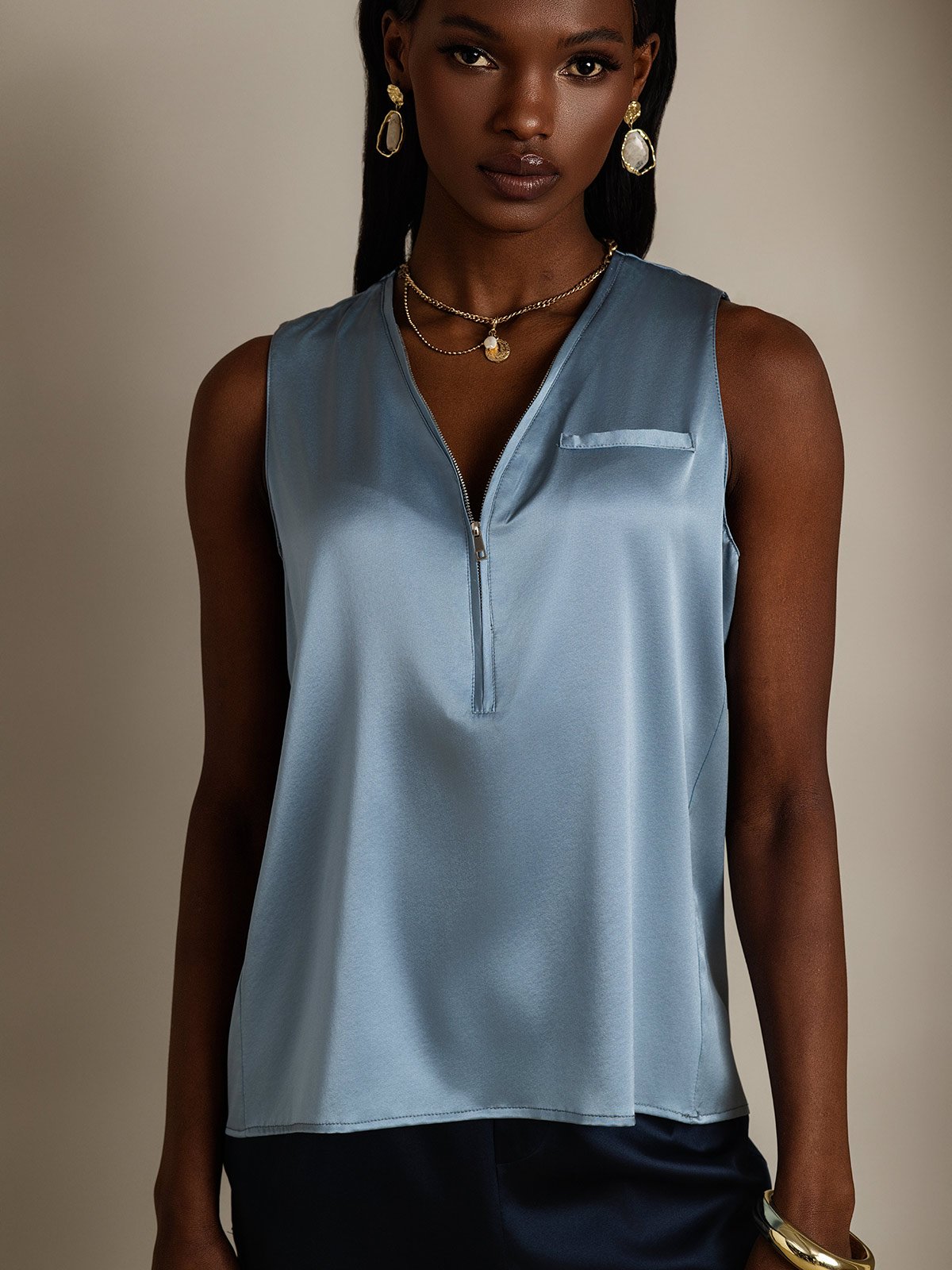 SilkSilky-AU 19Momme Silk Sleeveless V Neck Women's Shirt GrayishBlue 001