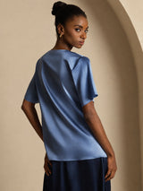 [Real Teal] SilkSilky-AU Short Sleeve Cowl Neck Women's Blouse 002