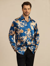 [Navy Dragon] SilkSilky-AU Long Sleeve Lapel Collar Men's Shirt 003