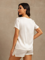 [White] SilkSilky-AU 19Momme Machine-Washable Silk Short Sleeve Round Neck Women's Pyjamas 002