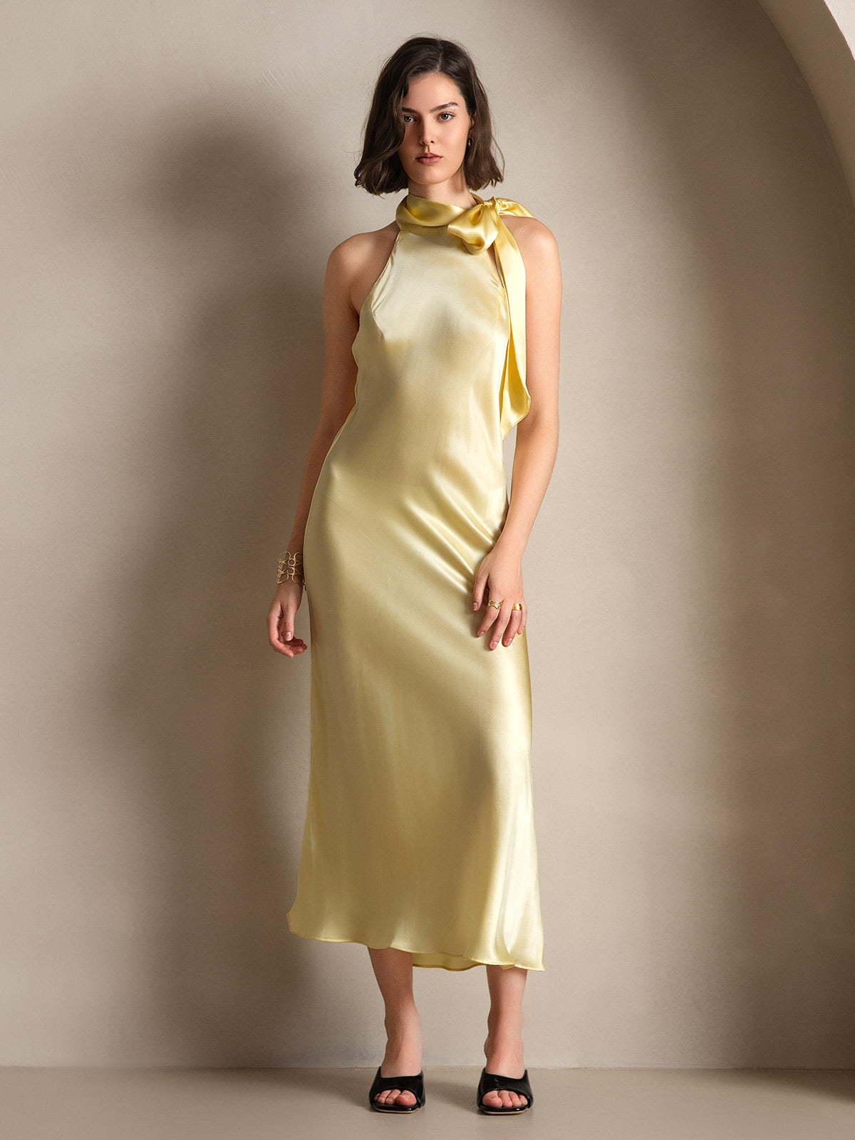 [Light Yellow] SilkSilky-AU 19Momme Silk Sleeveless Tie Neck Dress 005