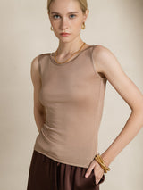 [Coffee] SilkSilky-AU 100% Silk Jersey Sleeveless Round Neck Women's T-Shirt 003