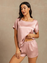 [Peach Skin] SilkSilky-AU 19Momme Machine-Washable Silk Short Sleeve Round Neck Women's Pyjamas 005