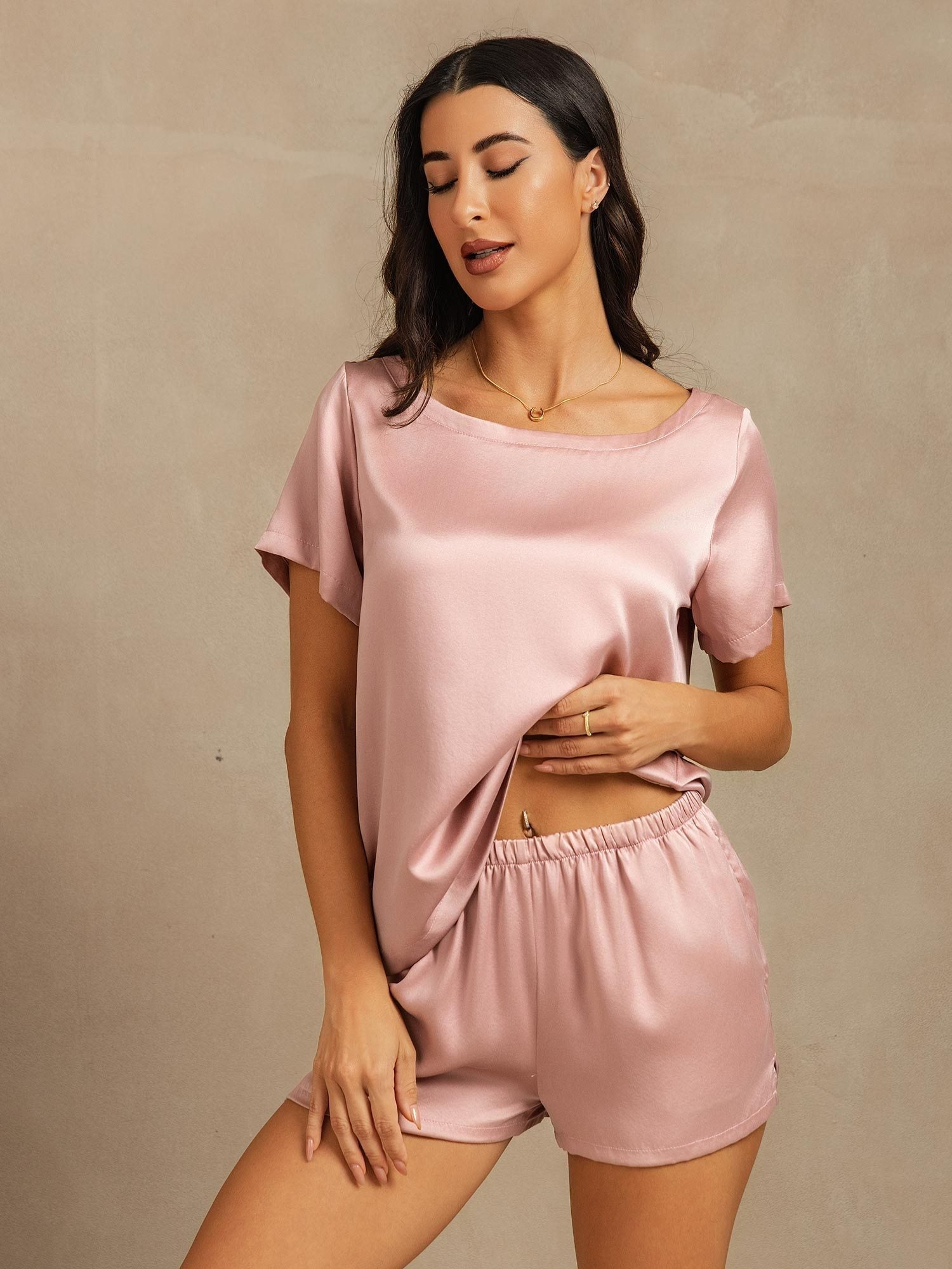 [Peach Skin] SilkSilky-AU 19Momme Silk Round Neck Women's Pyjamas 005,