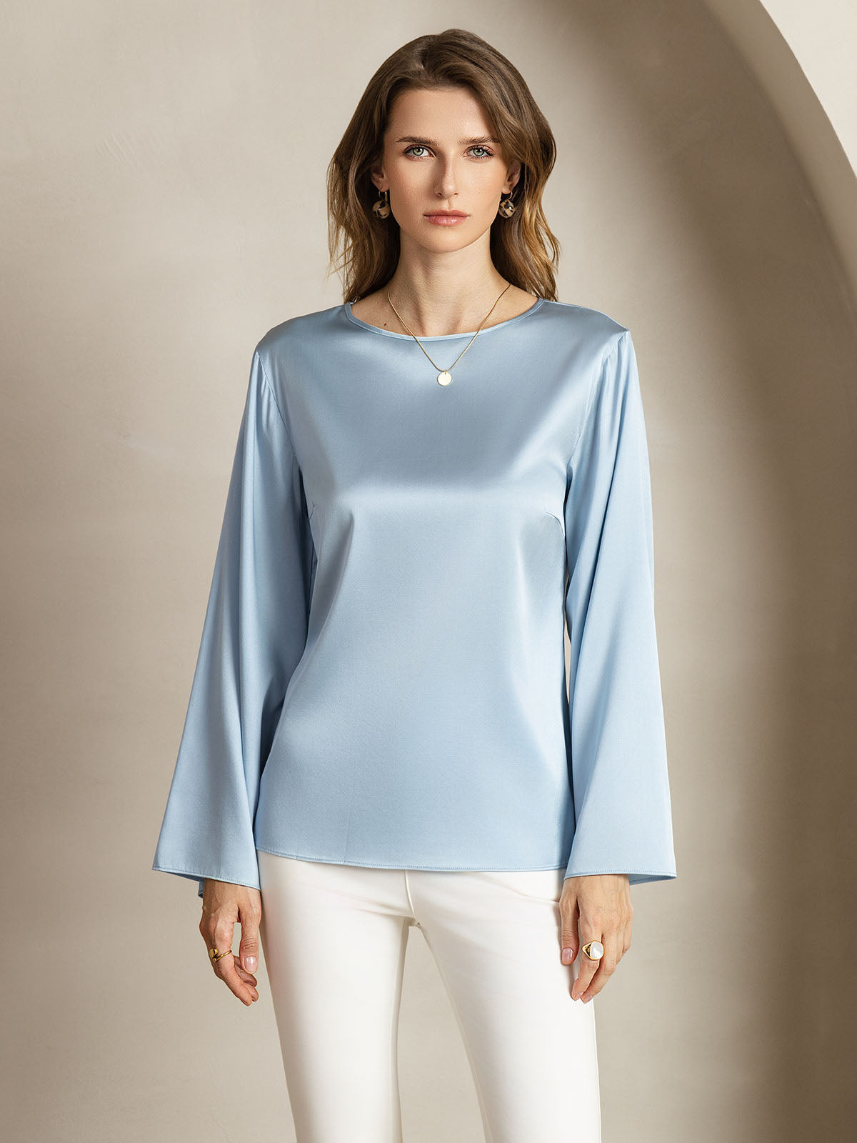 [Grayish Blue] SilkSilky-AU 19Momme Silk Round Neck Women's T-Shirt 004