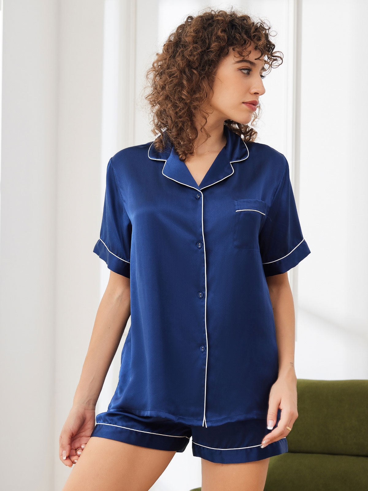 SilkSilky-AU Pure Silk Short Sleeve Lapel Women's Pyjamas DarkBlue 004