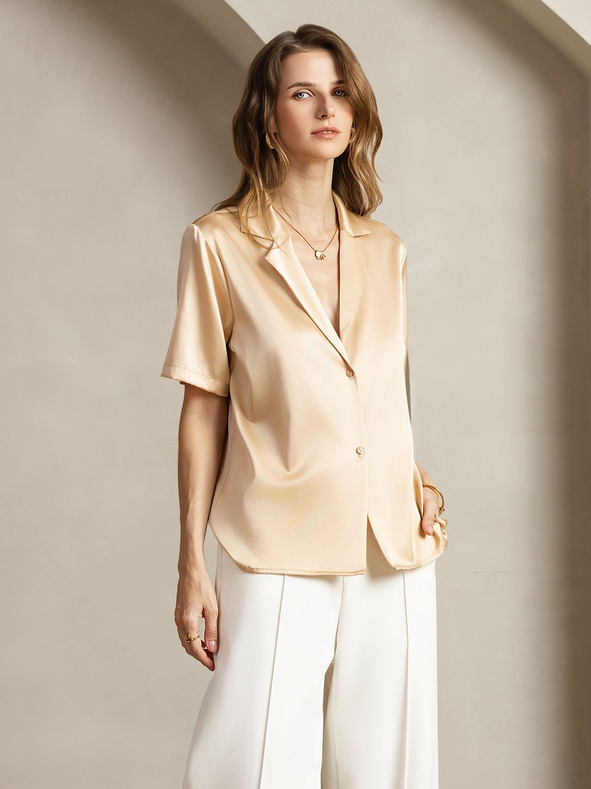 [Champagne] SilkSilky-AU 19Momme Silk Notched Neck Women's Shirt 006