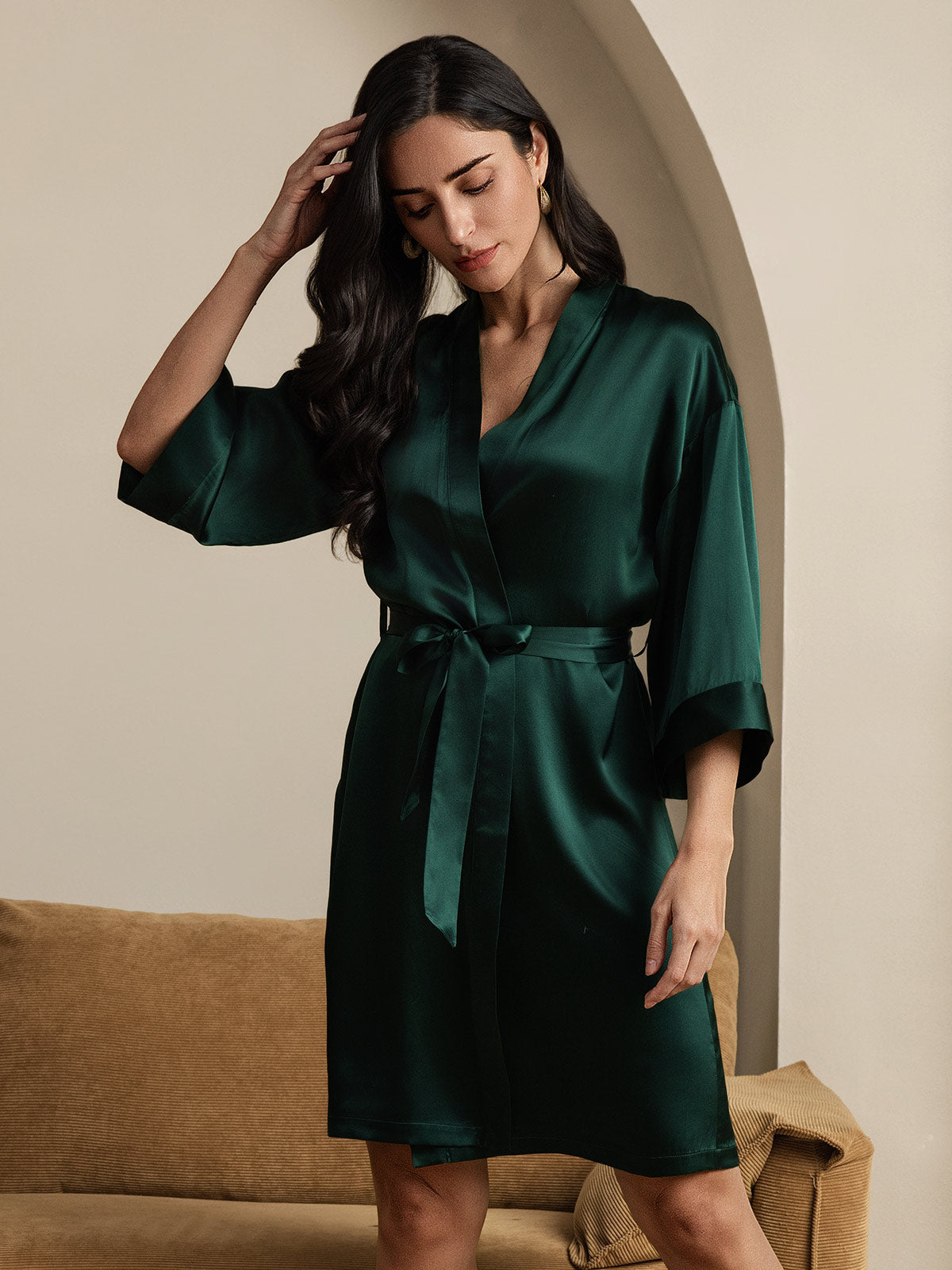 [Dark Green] SilkSilky-AU 3/4 Sleeve Women's Dressing Gown 006