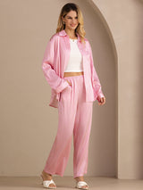 [Pink Pinstripe] SilkSilky-AU Long Sleeve Lapel Collar Women's Outfit Sets 003