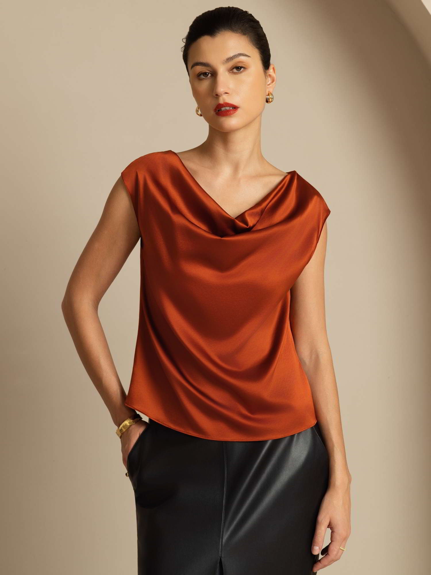 [Caramel] SilkSilky-AU 19Momme Silk Sleeveless Cowl Neck Women's T-Shirt 001