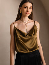 [Brown] SilkSilky-AU 19Momme Stretch Silk Charmeuse Spaghetti Strap Cowl Neck Camisole 003