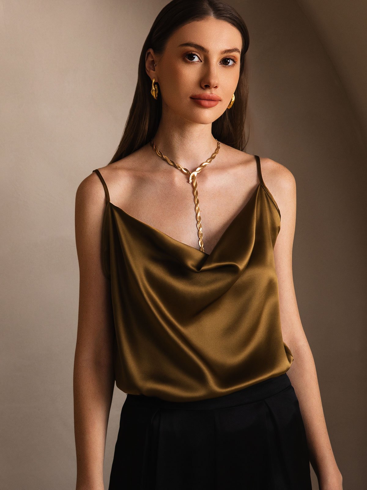 [Brown] SilkSilky-AU 19Momme Silk Cowl Neck Camisole 003