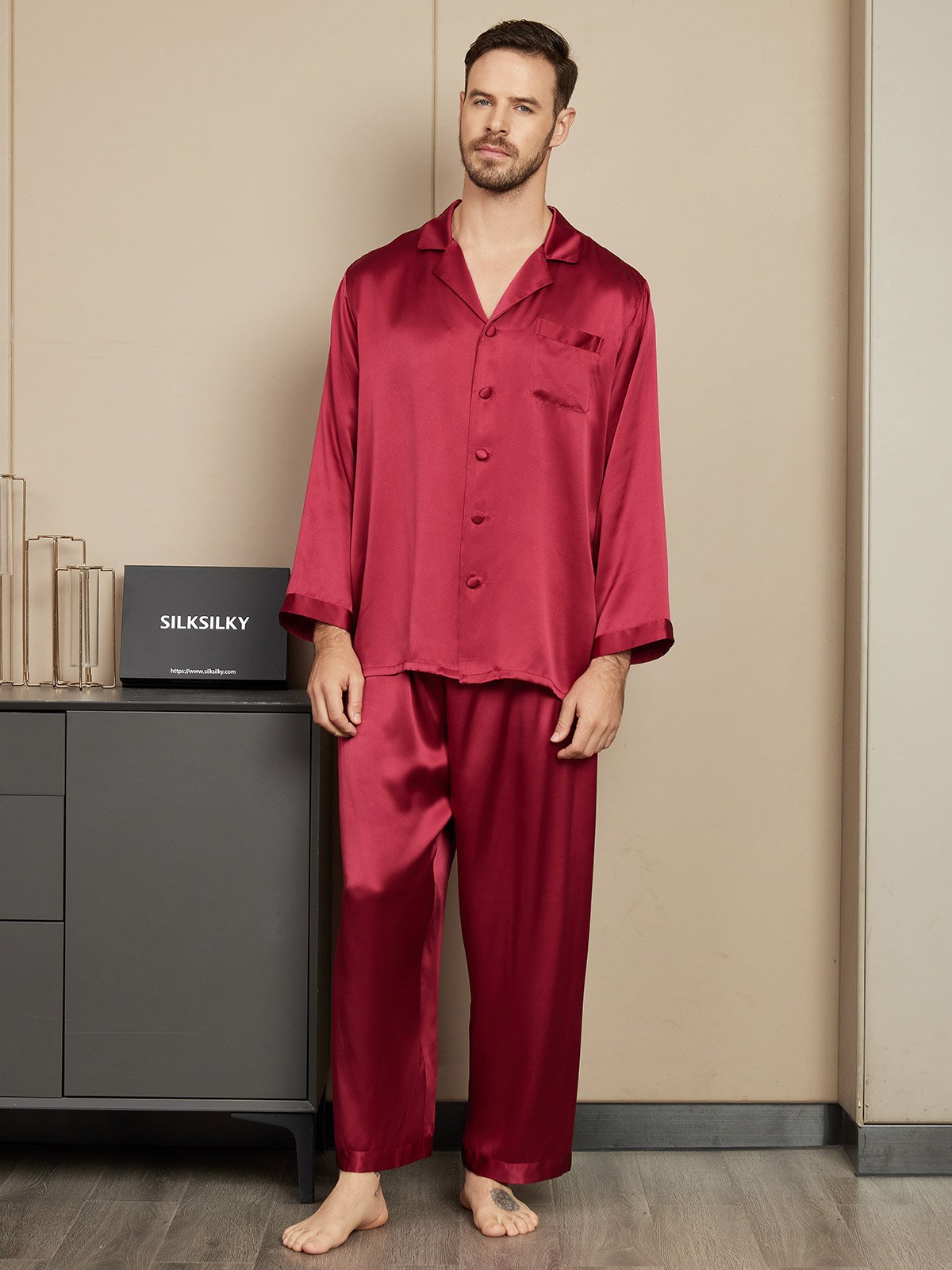 SilkSilky AU Pure Silk Long Sleeve Mens Pajamas Wine 001