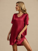 [Dark Red] SilkSilky-AU Half Sleeve V Neck Nightgown 005