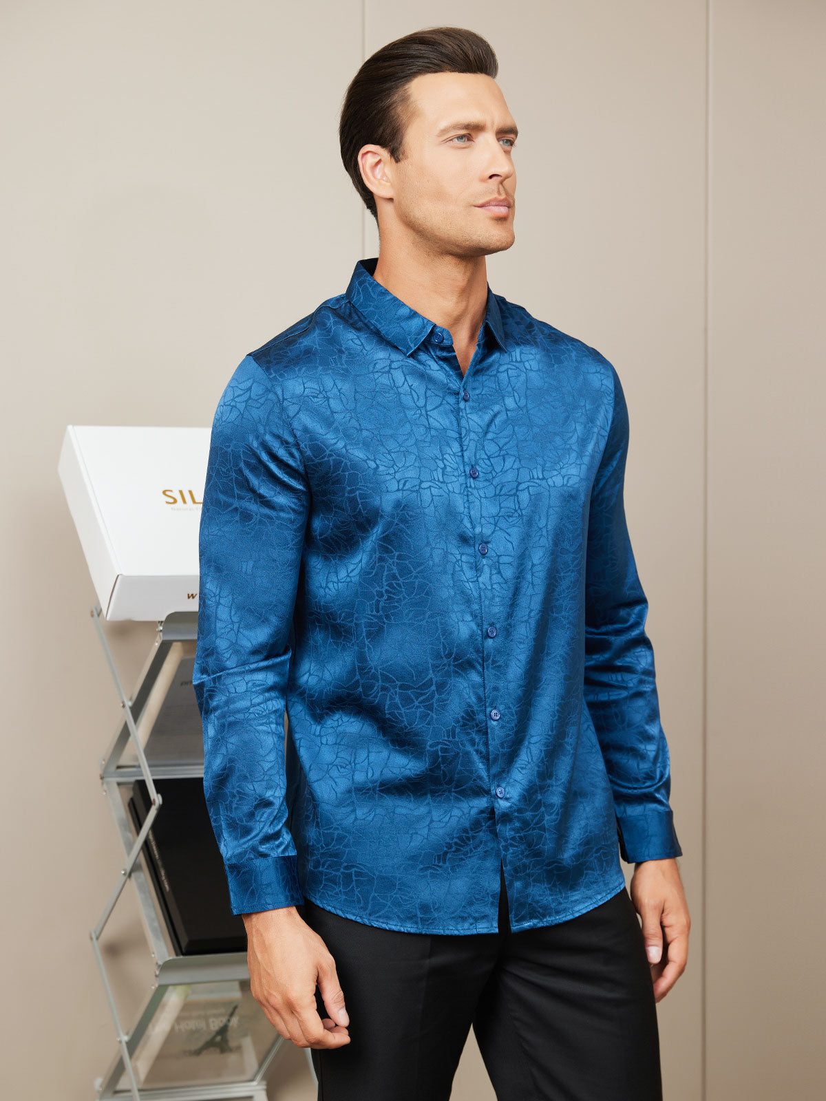 SilkSilky AU Silk Long Sleeve Collar Men's Shirt DarkBlue 005