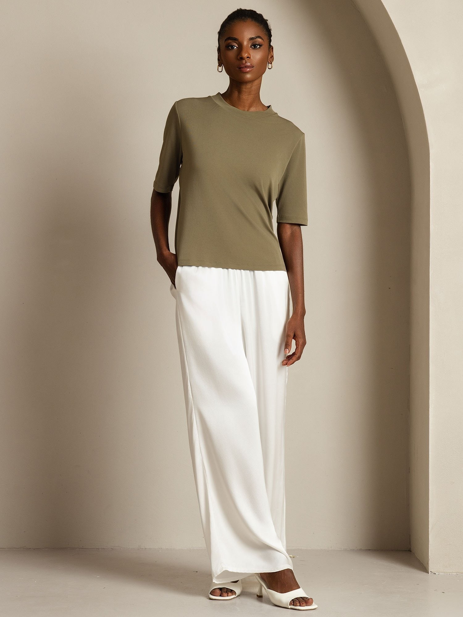 [Burnt Olive] SilkSilky-AU Pure Silk Round Neck Women's T-Shirt 006