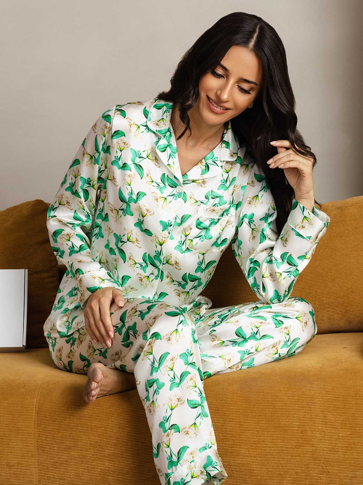 [Green Floral] SilkSilky-AU Pure Silk Womens Pajamas 001