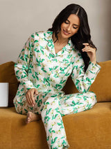 [Green Floral] SilkSilky-AU Pure Silk Notch Collar Women's Pyjamas 006,