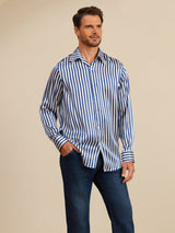 [Navy Stripe] SilkSilky-AU 19Momme Stretch Silk Charmeuse Long Sleeve Lapel Collar Men's Shirt 004