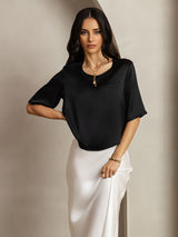 [Black] SilkSilky-AU Half Sleeve Scoop Neck Women's T-Shirt 003