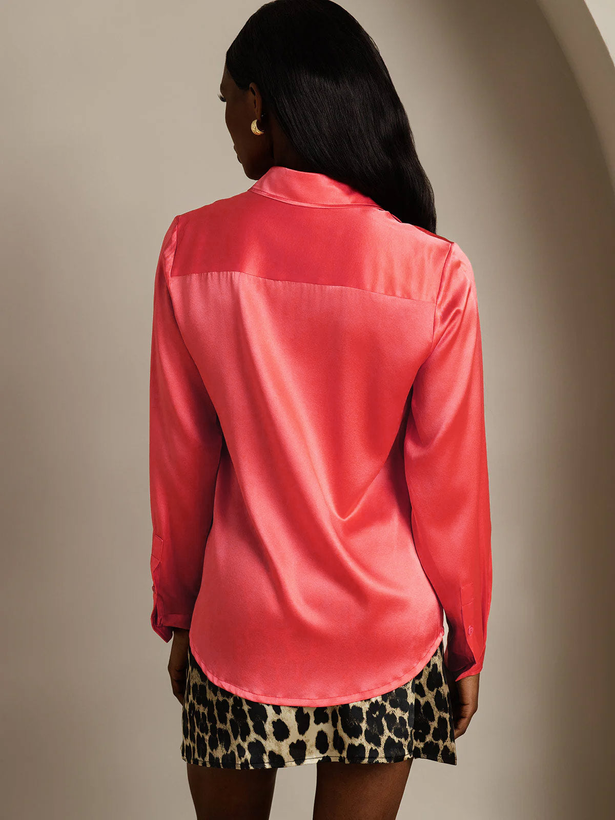 [Imperial Red] SilkSilky-AU 19Momme Stretch Silk Charmeuse Long Sleeve Lapel Collar Women's Shirt 002