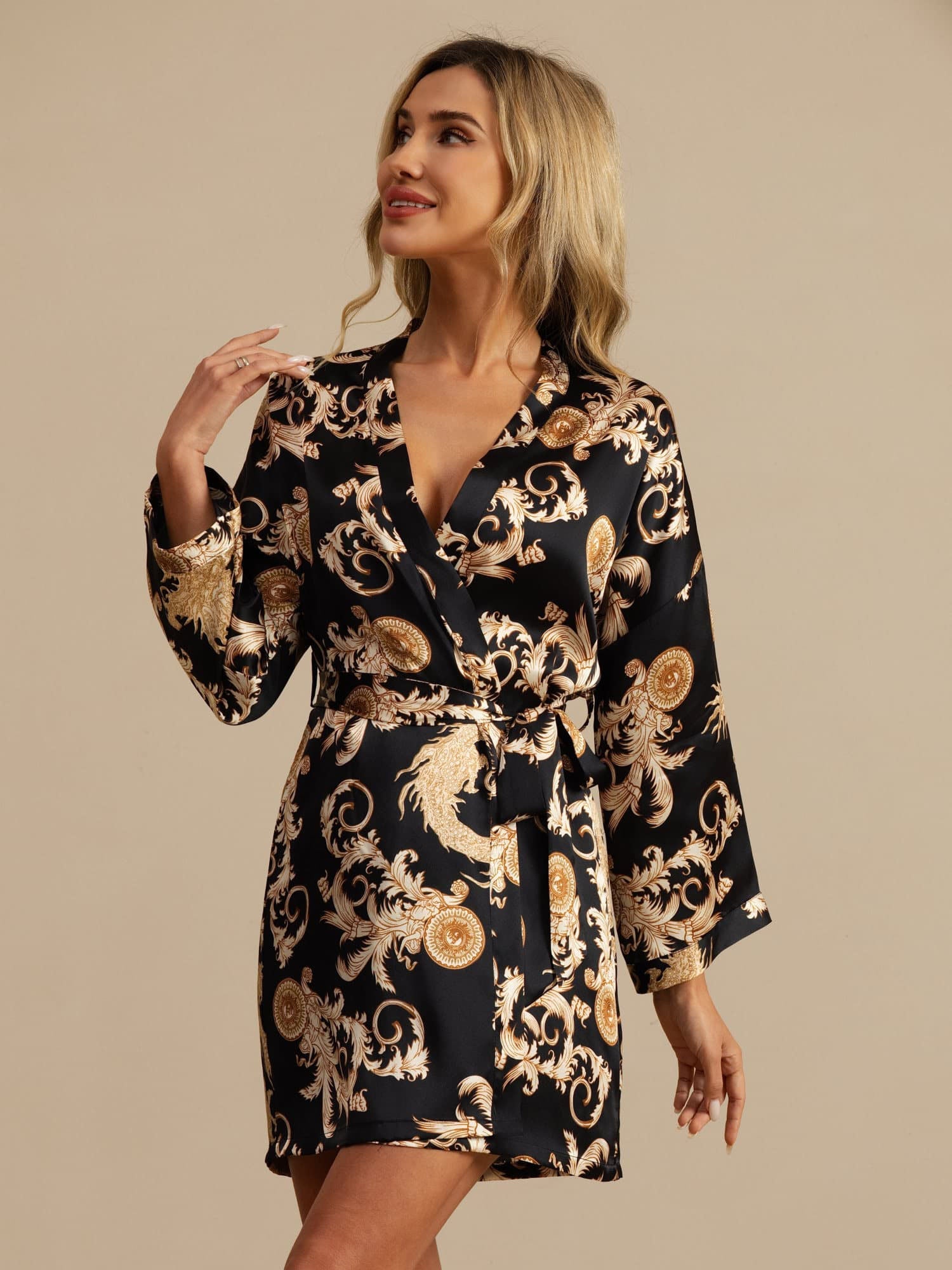 [Black Dragon] SilkSilky-AU 3/4 Sleeve V Neck Women's Dressing Gown 001