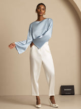 [Grayish Blue] SilkSilky-AU Long Sleeve Boat Neck Blouse 009